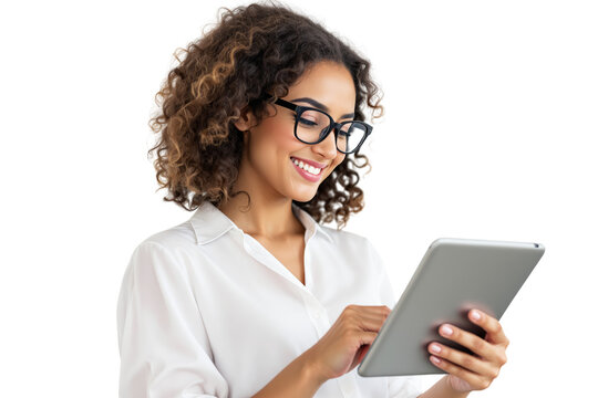 Smiling woman with curly hair and glasses using a tablet, wearing a white shirt, isolated on a white background. Concept of technology and communication. Ai generative - Powered by Adobe