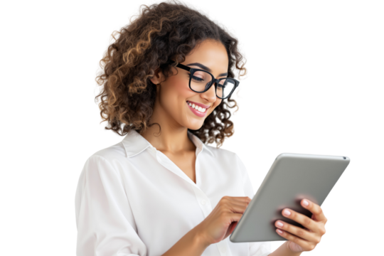 Smiling woman with curly hair and glasses using a tablet, wearing a white shirt, isolated on a white background. Concept of technology and communication. Ai generative