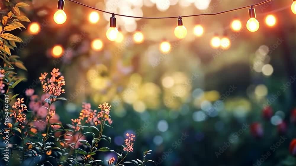 Poster a beautiful garden illuminated by glowing string lights. the soft bokeh effect creates a magical fee