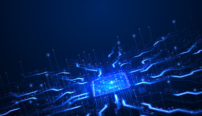 blue technology background technology chip processor. Abstract background circuit board and html code, 3D illustration vector.