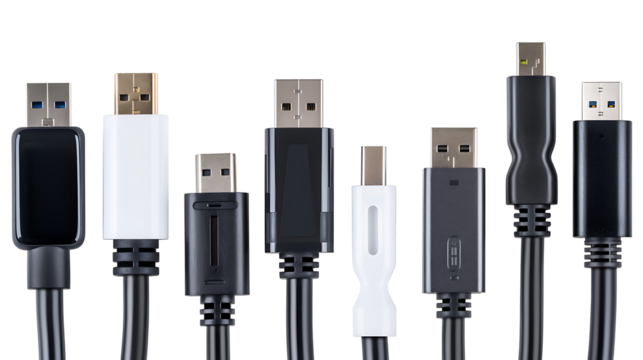 USB cables with different connectors including Type-C and Lightning, isolated on a white background