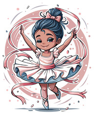 A cute, kawaii-style illustration of a young girl ballet dancer in a pink tutu, gracefully performing a pirouette.  Focus on vibrant colors and a cheerful expression. © arisadobe