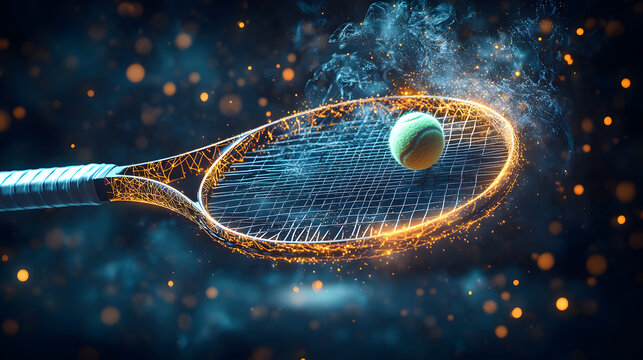 Glowing mesh lines forming a dynamic and futuristic tennis racket with a ball in mid swing capturing the energy and movement of a fast paced sports game