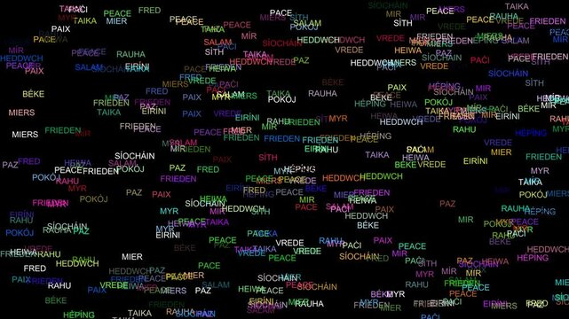 Lots of PEACE writings in many world languages ​​that appear on the video filling it with random colors
