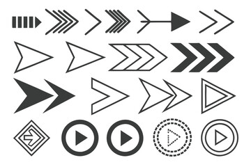 33 Black arrows, geometric shapes, directional symbols, minimalist design, vector graphics, right-pointing arrows, various arrow styles, monochrome illustration, graphic design elements, icon set, nav