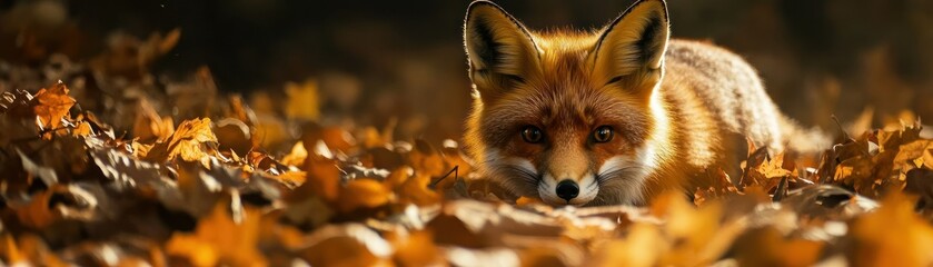 A beautiful red fox resting among fallen autumn foliage on the ground