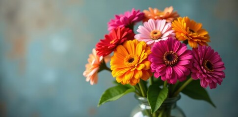 A bouquet of mixed colored zinnia flowers in a vase, mixed colors, bouquet