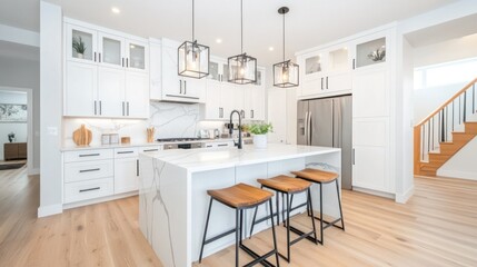 A modern white kitchen with an island and stools displayed