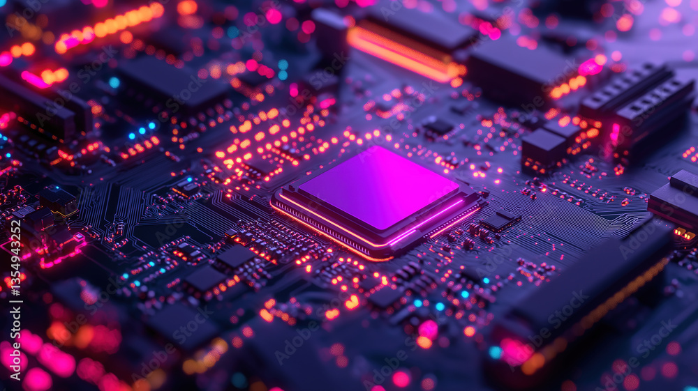 Poster detailed macro view of a computer cooling fan placed on a circuit board with precision design