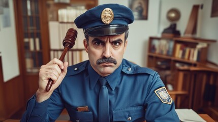 Obraz premium A man in uniform holding a gavel looking sternly forward