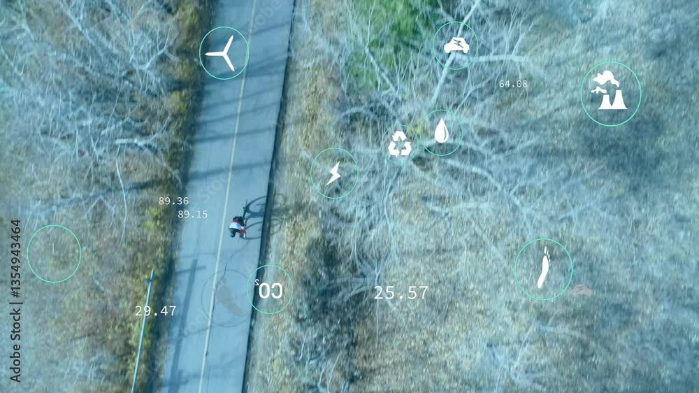 Poster animation of digital icons and data overlay on road with person walking