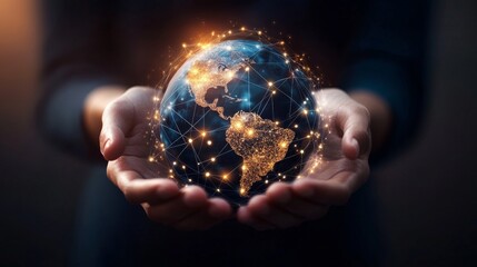 A conceptual image of hands gently cradling a glowing digital globe, showcasing interconnected golden networks across continents. Ideal for global communication, technology, or sustainability themes