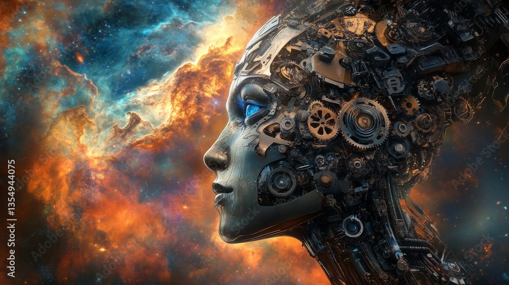 Poster a detailed profile of a robotic face intricately made of gears and mechanical parts, set against a v