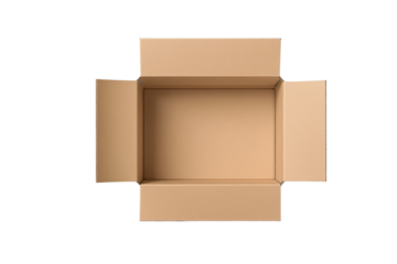 Open empty cardboard box with flaps spread out, isolated on a white background. Packaging, shipping, and storage concept. Ai generative