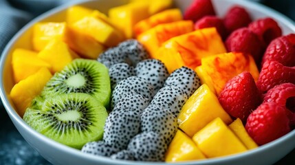 A colorful bowl of freshly cut and arranged tropical fruits