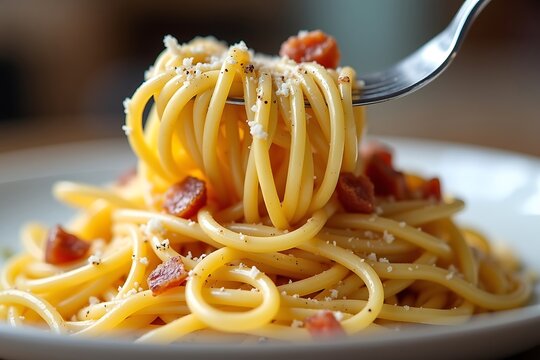 Comforting plate of pasta with glistening strands peppered with crispy guanciale and fine parmesan soft studio lighting