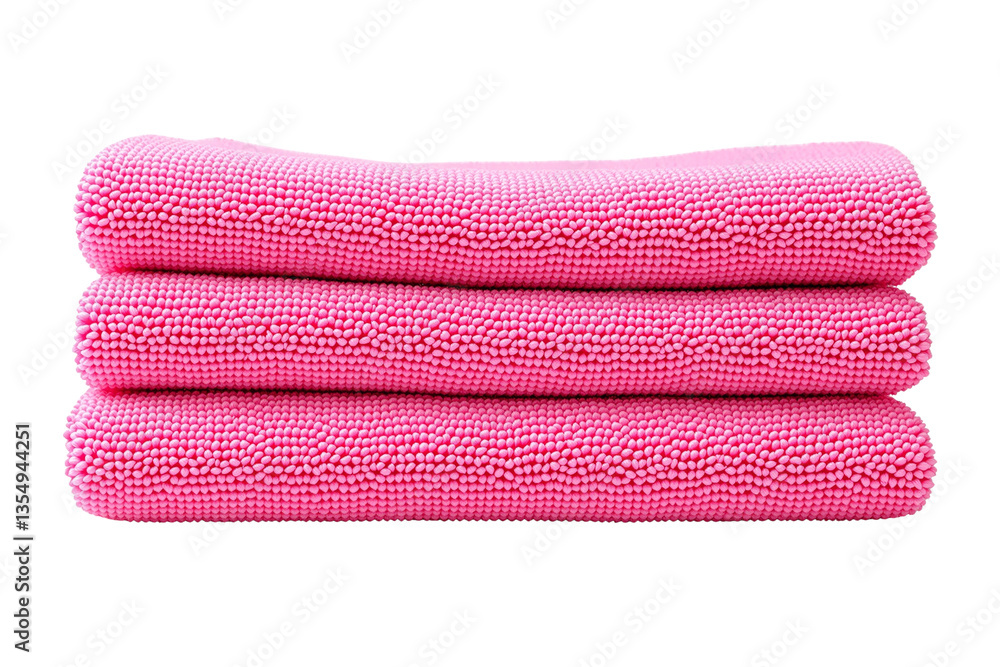 Poster pink microfiber towels stacked neatly, isolated on white background. soft and textured fabric for cl