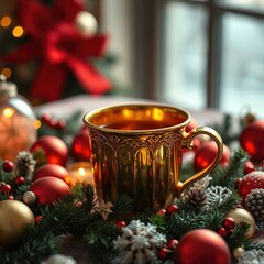 Warm golden cup sits on festive holiday table amidst red and green ornaments, decoration, winter, warm