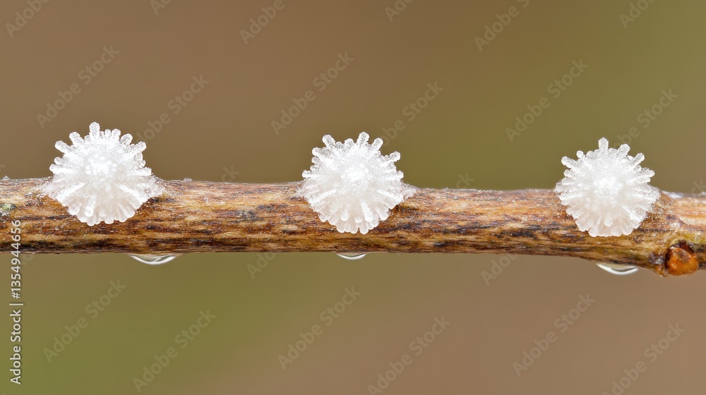 Poster three frosted orb like structures resting on a wooden branch