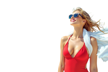 Woman in red swimsuit with sunglasses smiling, wind in hair, white scarf flowing, isolated on white background. Summer vacation concept. Ai generative