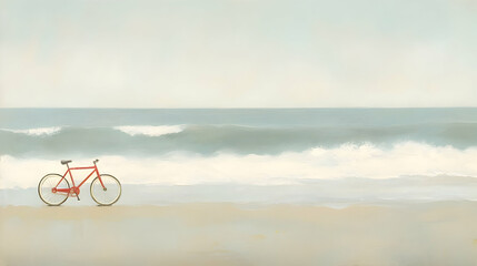 Obraz premium Red Bicycle on a Sandy Beach with Ocean Waves and Sky