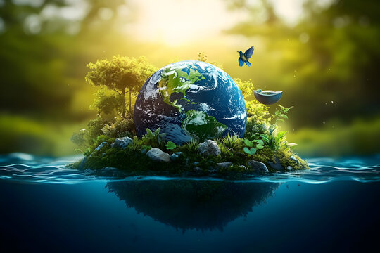 World environment and earth day concept with blue globe and eco friendly enviroment. Generative ai