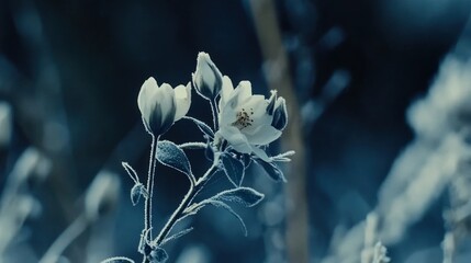 Delicate white flowers bloom with frost on their petals and stems