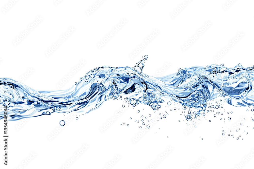Poster flowing water splash with bubbles isolated on white background, showing freshness and purity concept