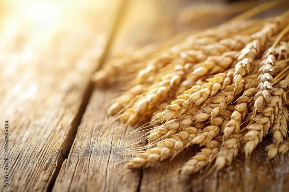 Aufkleber golden wheat grains resting on rustic wooden table with warm reflections and soft lighting for premi