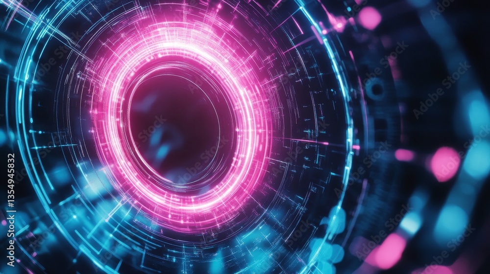 Poster futuristic abstract depiction of a cyber tunnel in vibrant neon pink and blue hues. glowing light ef