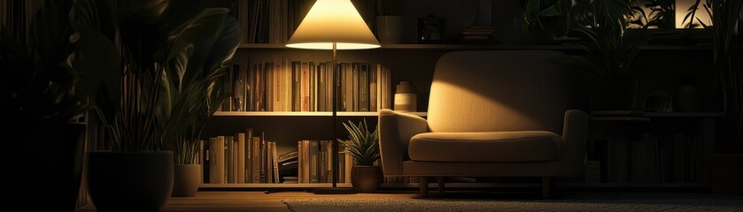 A cozy armchair illuminated by lamp with plants and bookshelves