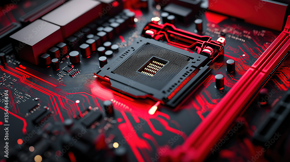 Poster detailed view of a computer motherboard with visible internal components and circuit design
