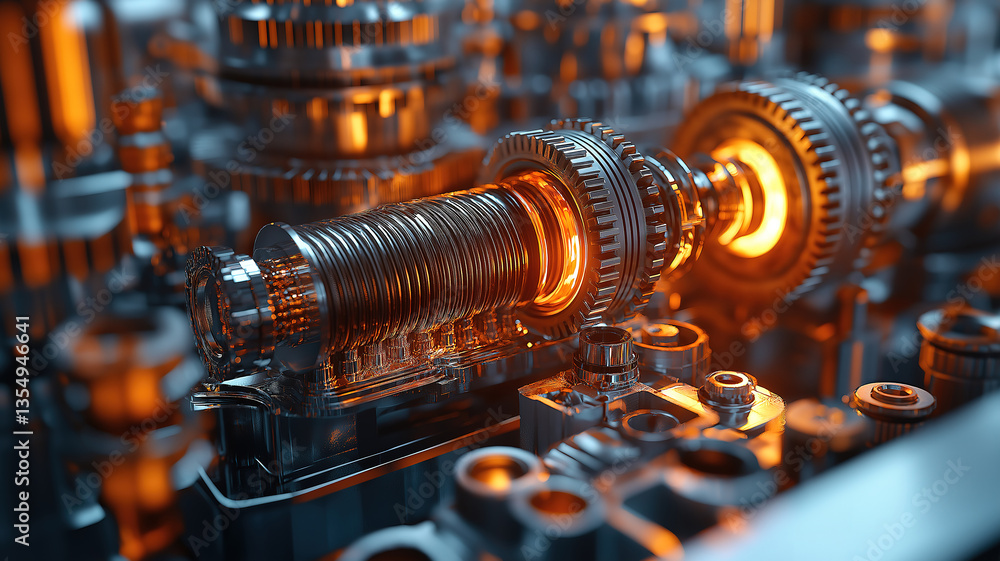 Poster internal combustion engine components and gears illustrated in an intricate cross section view