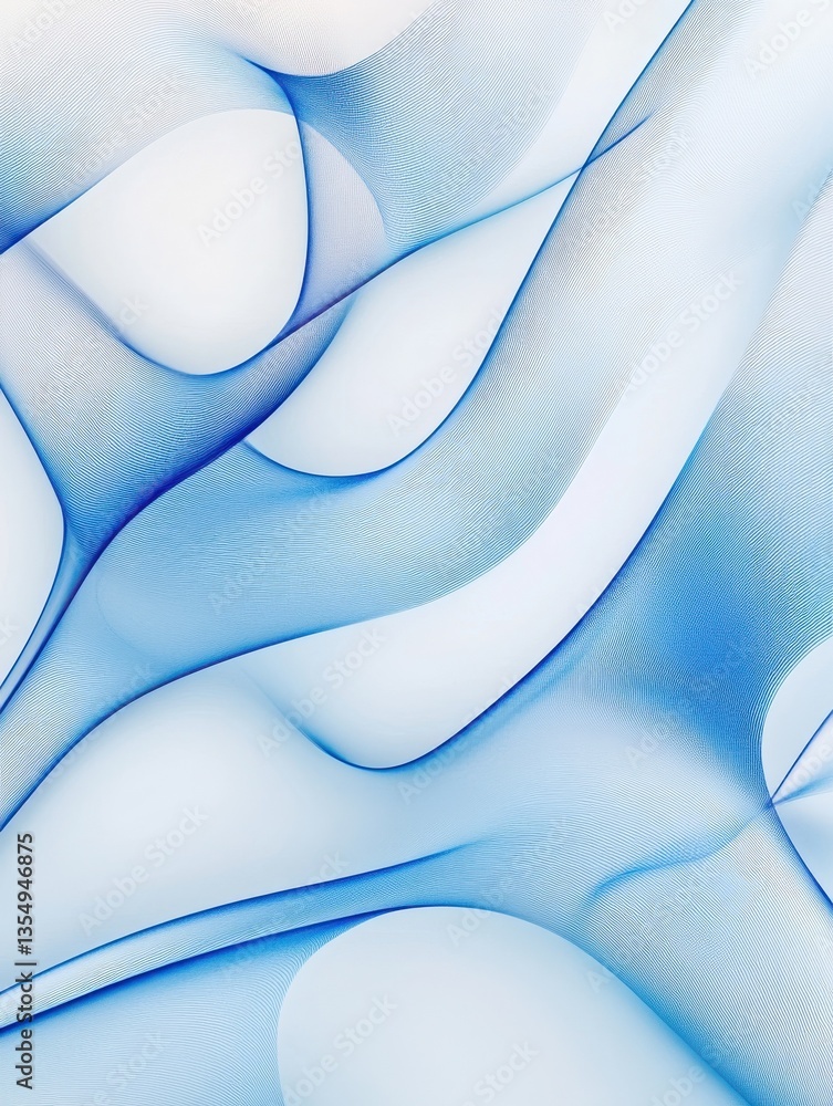 Poster Calming abstract wavy blue lines varying in thickness and curve smoothly flow across a crisp white background texture.
