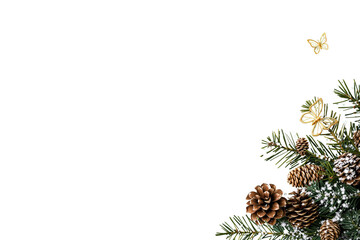 Fototapeta premium Festive Christmas pinecones and evergreen branches with golden butterfly decorations and snow on a white background. Holiday decoration concept. Ai generative