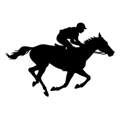 a silhouette of a horse and jockey racing with speed and determination