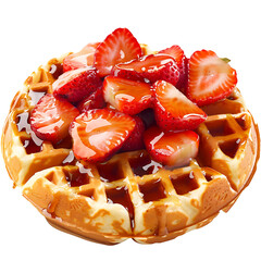 Golden Belgian waffle topped with fresh strawberries and drizzled with maple syrup, isolated on a white background