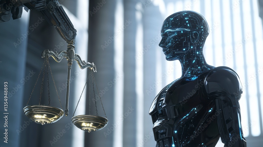 Poster ai robot stands before scales of justice in a courthouse.