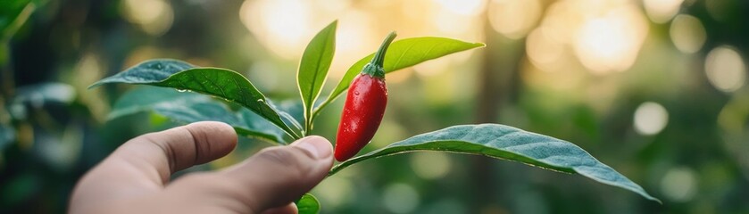A red pepper plant being held by someone in a garden