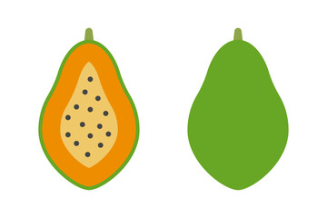 Sliced papaya and whole papaya icon set. Vector.