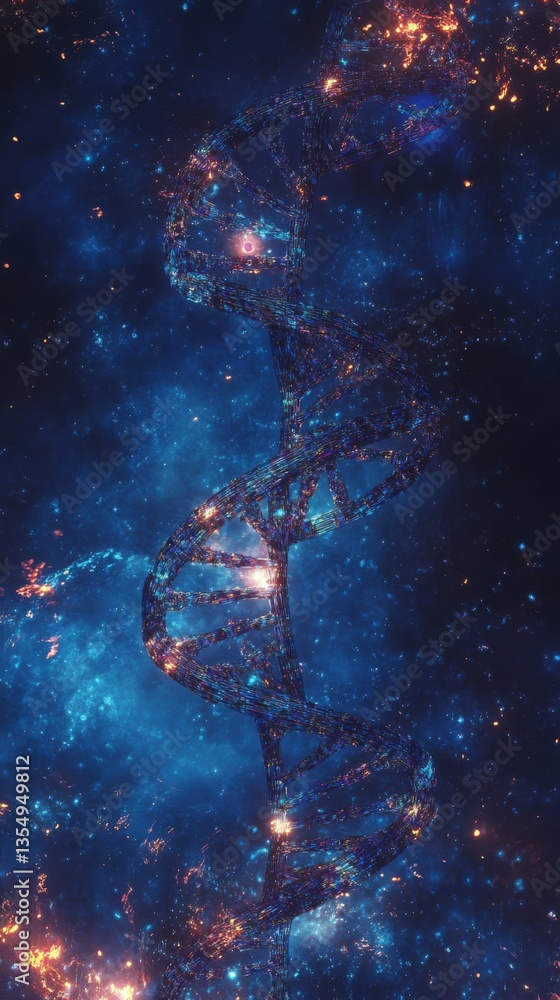 Poster a mesmerizing artistic view of a dna strand illuminated in bright lights, set against a cosmic deep 
