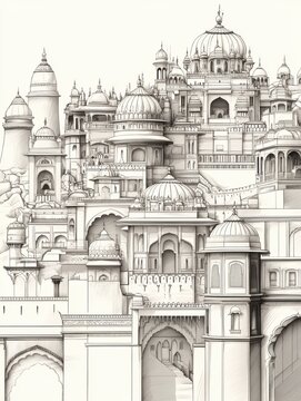 Hand-drawn illustration showcasing the famous architectural landmarks of Rajasthan, including its unique skyline and cultural elements like the Kachhi Ghodi folk dance