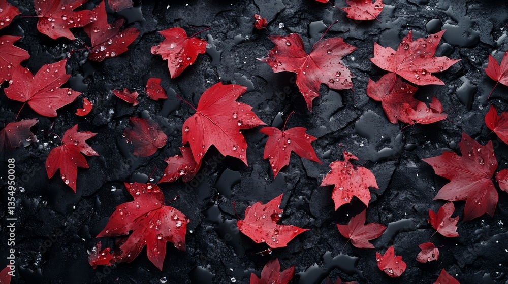 Poster intense red maple leaves resting on a dark, wet, stone-like surface. dew drops add depth and freshne
