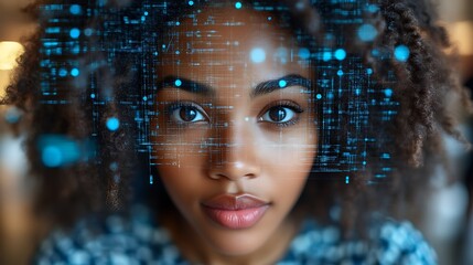 Woman, futuristic, data, overlay, cafe, digital,  portrait, tech