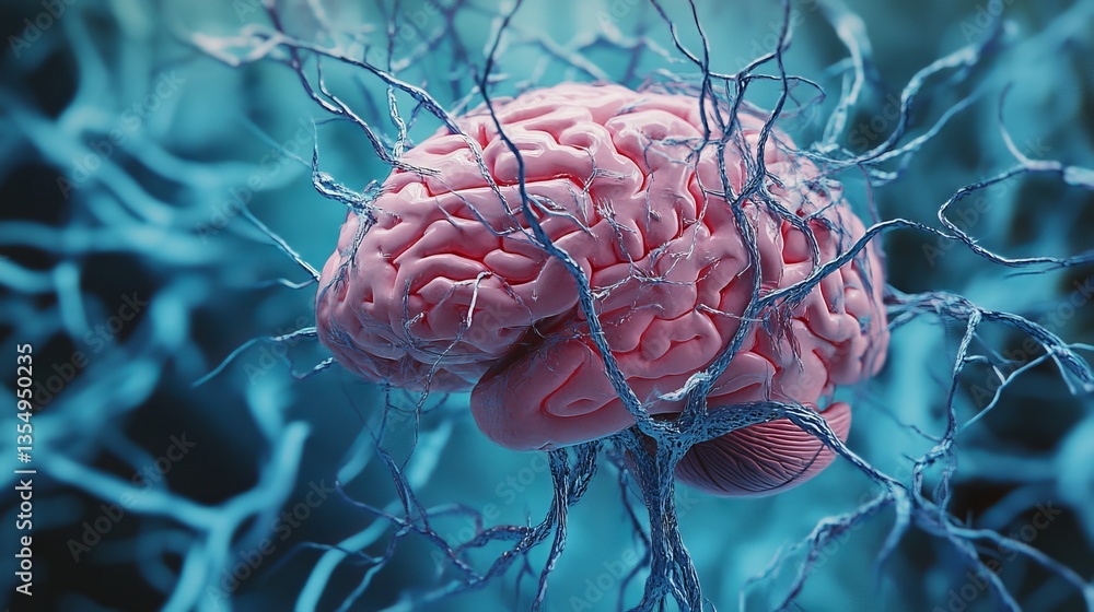 Poster artistic visualization of a human brain surrounded by a network of interconnected neurons, depicted 