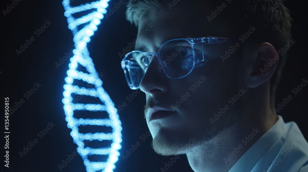 Poster a scientist studies the illuminated genetic structure closely in a lab