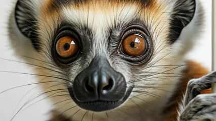 A baby lemur is peeking out from behind a white wall. The lemur has a curious expression on its face.