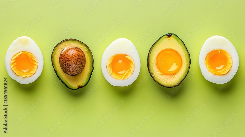 Poster sliced avocado and eggs arranged on a solid color backdrop