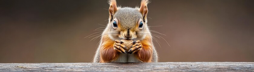 Obraz premium A curious squirrel with a nut peers over a wooden surface
