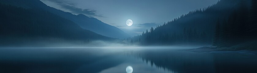 Fototapeta premium Moon illuminates a tranquil lake nestled between mountain ranges under the night sky